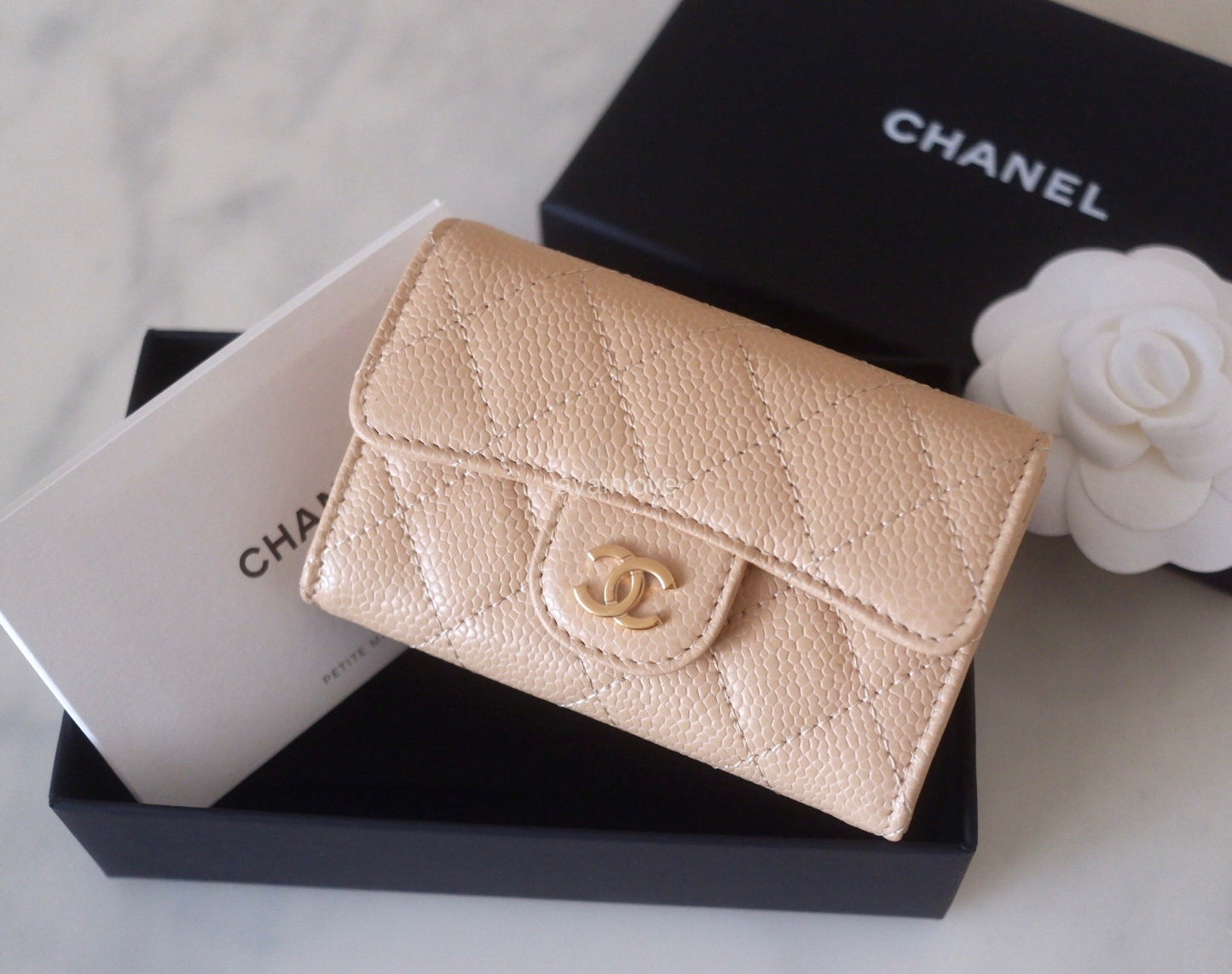 CHANEL Beige Caviar Classic Flat Card Holder Mini Wallet Card Case