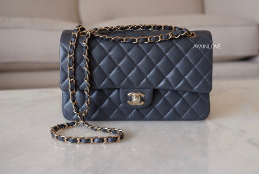 CHANEL 21B Dark Grey Medium Classic Flap Bag Light Gold Hardware