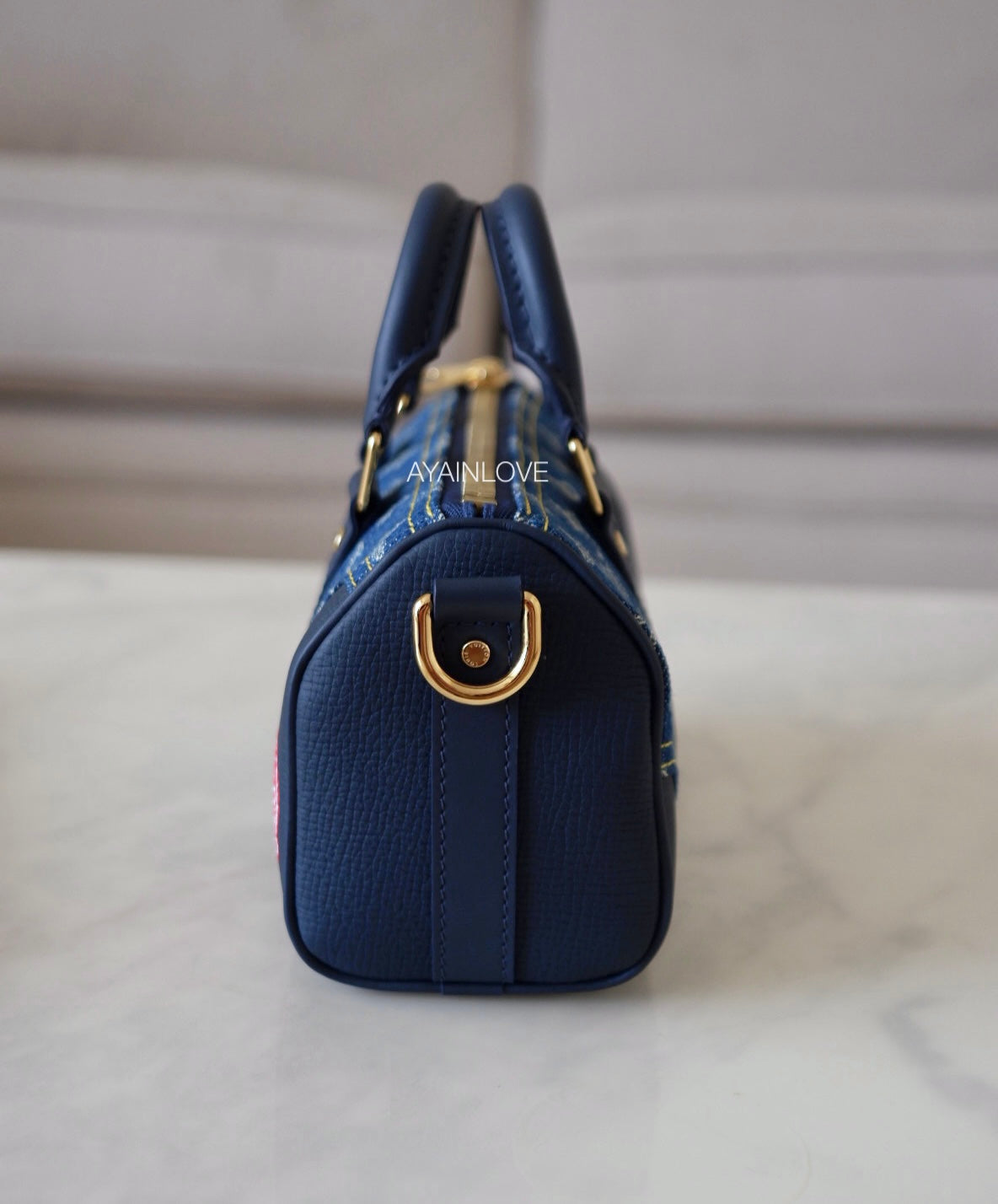 KEEPALL XS BLUE MONOGRAM DENIM AND NAVY BLUE LEATHER GOLD HARDWARE *NEW*