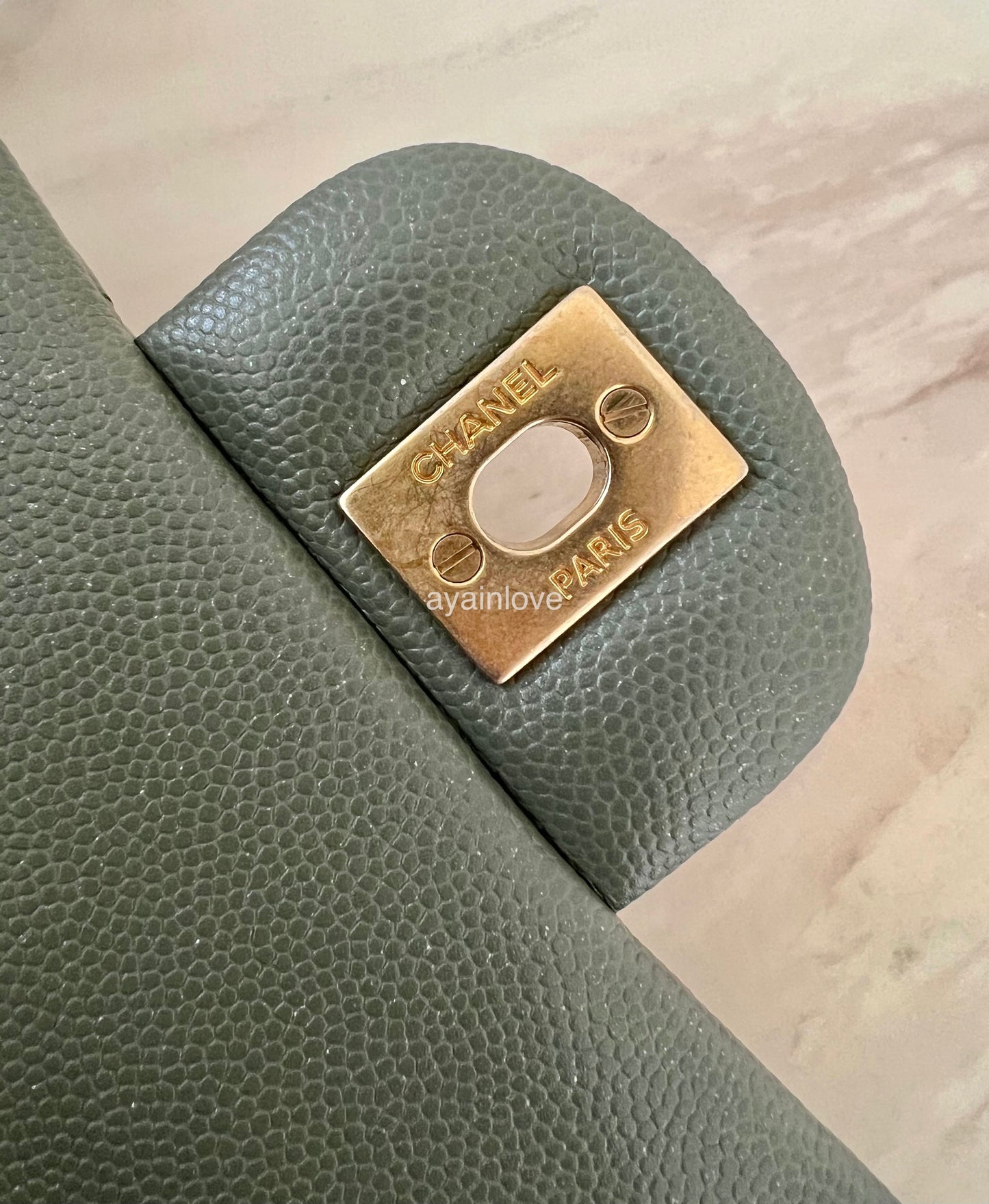 CHANEL 18C Iridescent Green Caviar Rectangular Mini Flap Bag Brushed Gold Hardware