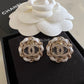 CHANEL 22S White Leather Chain Round CC Crystal Stud Earrings Light Gold Hardware