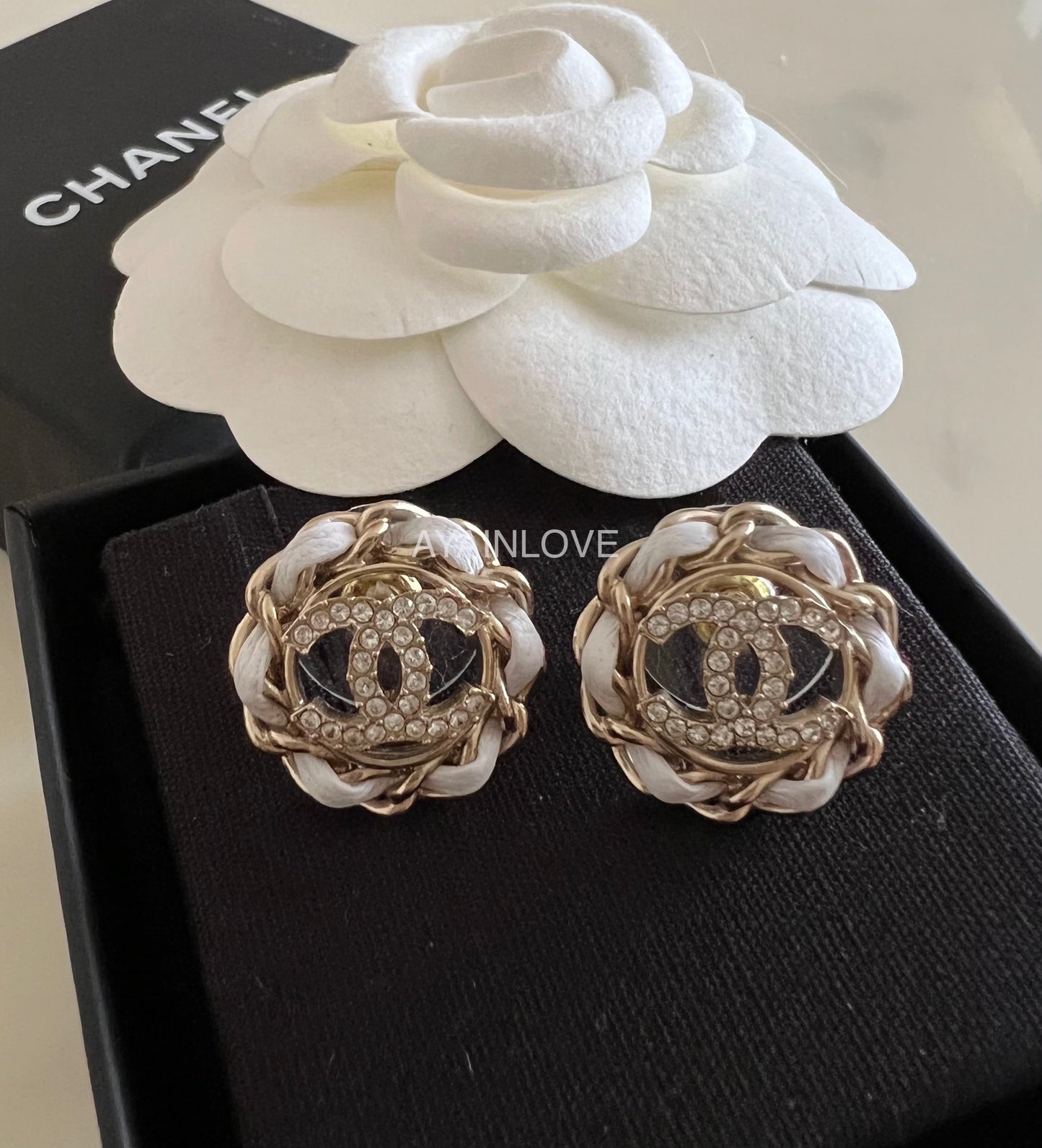 CHANEL 22S White Leather Chain Round CC Crystal Stud Earrings Light Gold Hardware