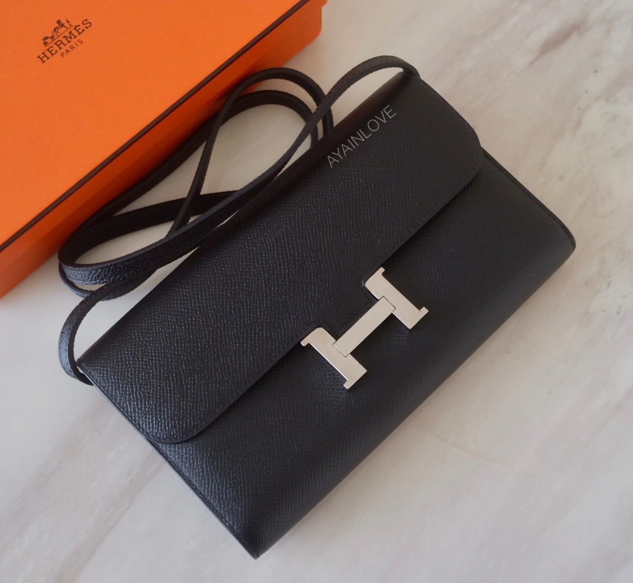 HERMES Constance Noir Black Long Flap Wallet Palladium Hardware