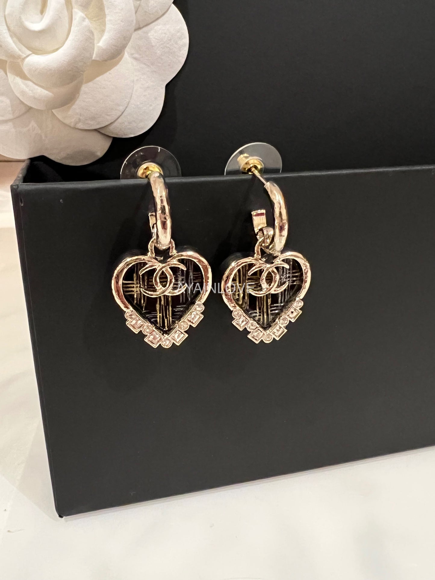 CHANEL Heart CC Drop Black Diamante Statement Earrings Light Gold Hardware