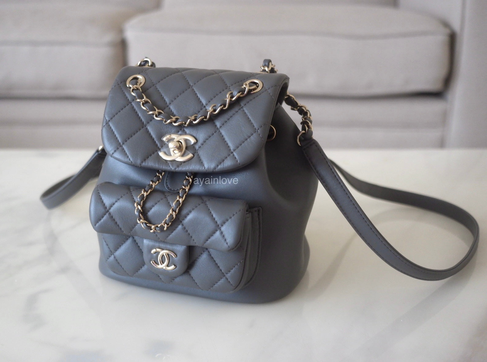 CHANEL 22A Mini Duma Grey Drawstring Backpack Light Gold Hardware AYAINLOVE CURATED LUXURIES