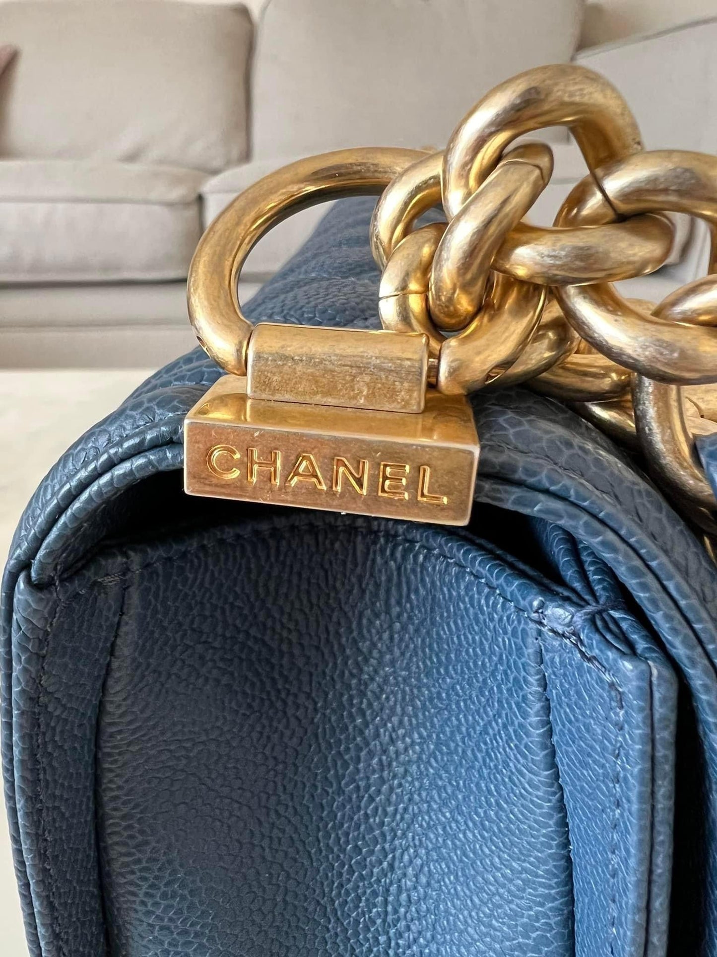 CHANEL Navy Blue Caviar Old Medium Boy Flap Bag Brushed Gold Hardware