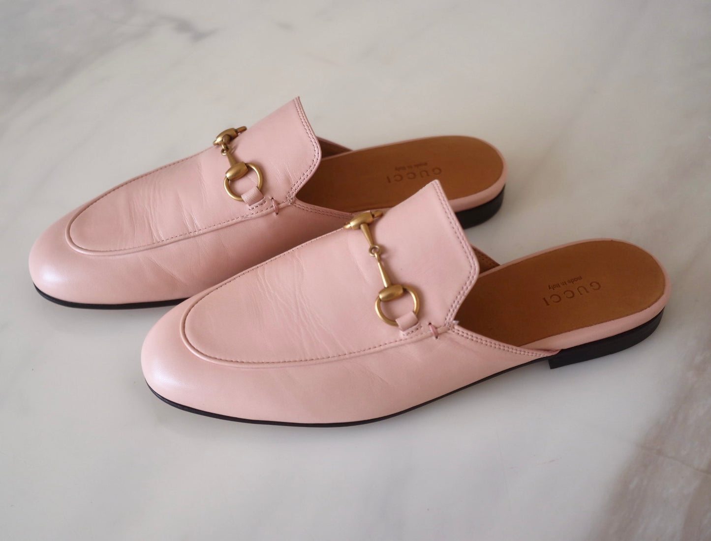 GUCCI Princetown Pink Leather Loafers Slippers Mules Size 38