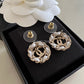 CHANEL 22S White Leather Chain Round CC Crystal Stud Earrings Light Gold Hardware