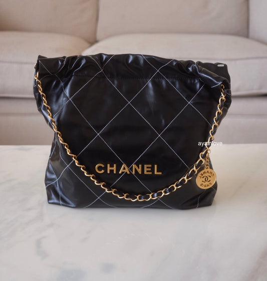 CHANEL Limited Black White Contrast Stitch Calf Skin Small 22 Bag Brushed Gold Hardware