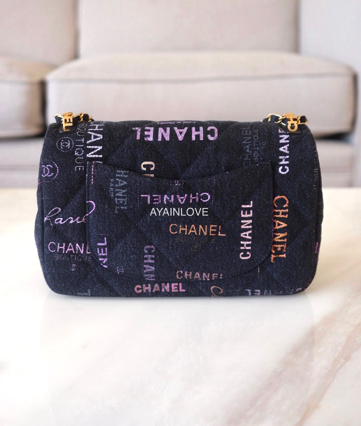 22P DENIM MULTICOLOUR BLACK FLAP BAG GOLD HARDWARE *NEW*