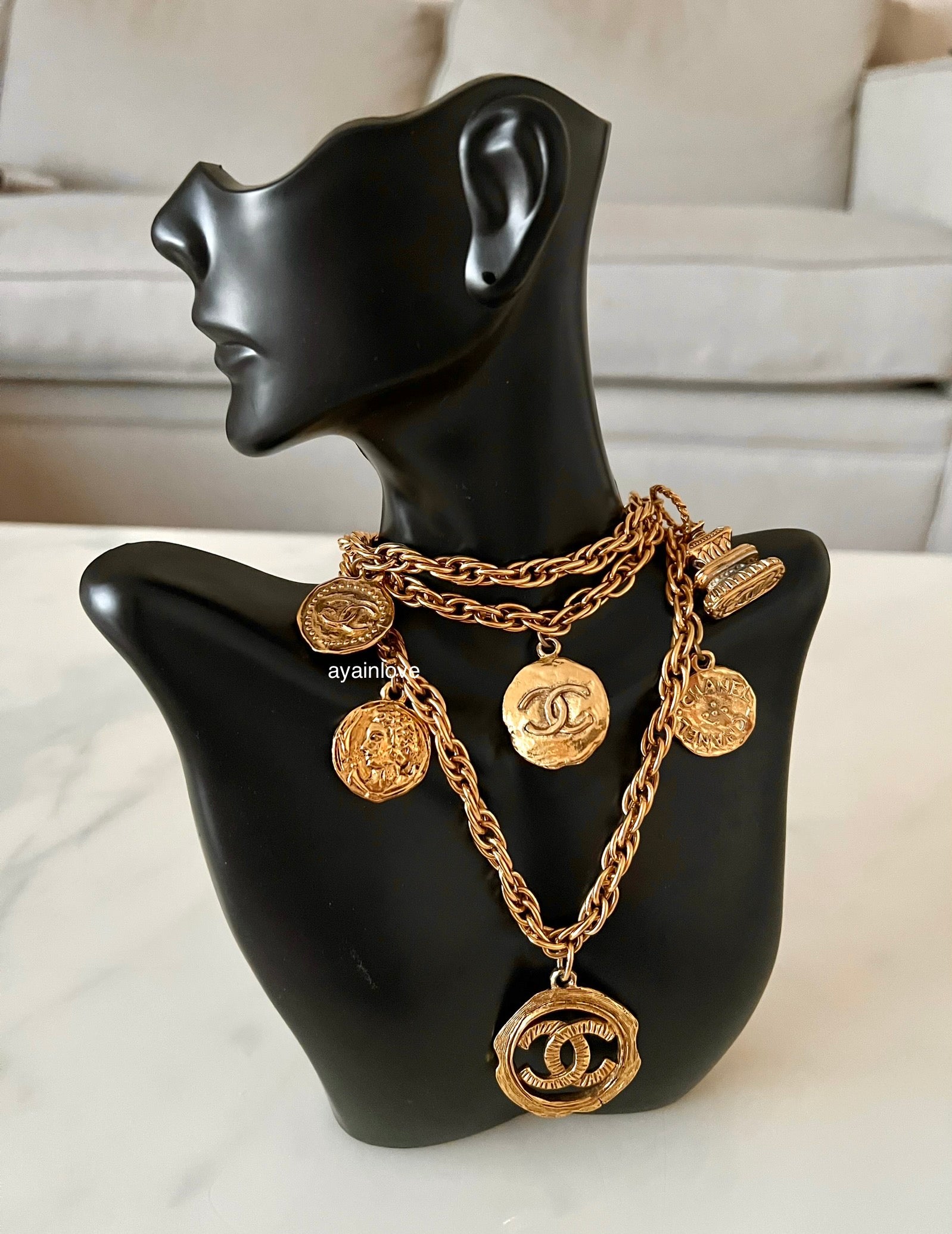 CHANEL 1980s Vintage Charms Medallion Chain Belt Necklace 24K Gold