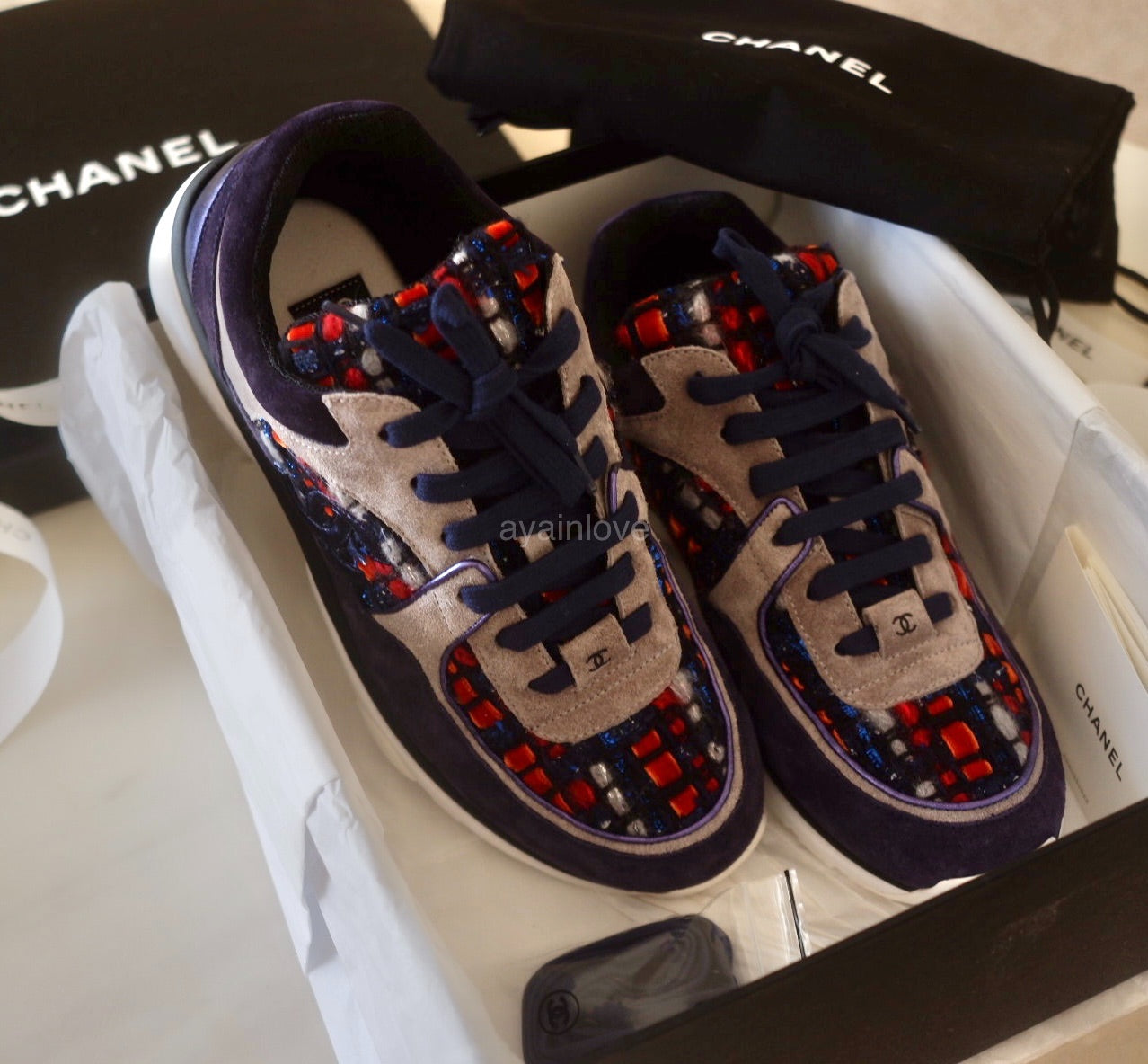 CHANEL 18A Multicolour Blue Red Tweed and Suede Calfskin Sneakers Trainers Shoes Size 38.5 EU