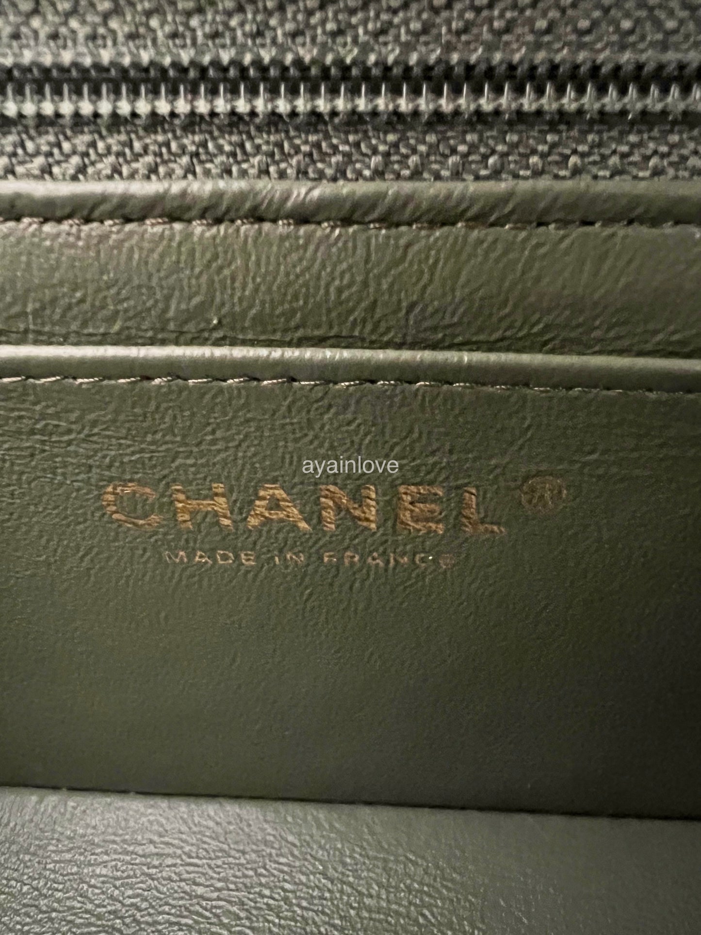 CHANEL 18C Iridescent Green Caviar Rectangular Mini Flap Bag Brushed Gold Hardware