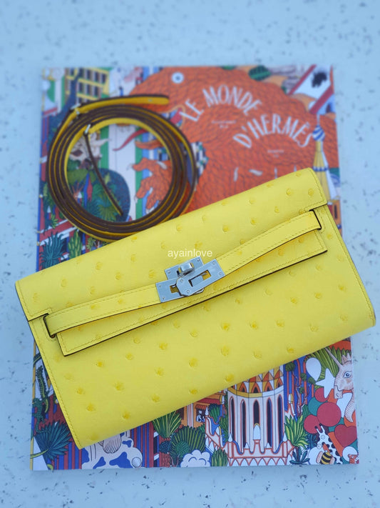 HERMES Kelly To Go 18 Clutch Ostrich Jaune Citron Paladium Hardware