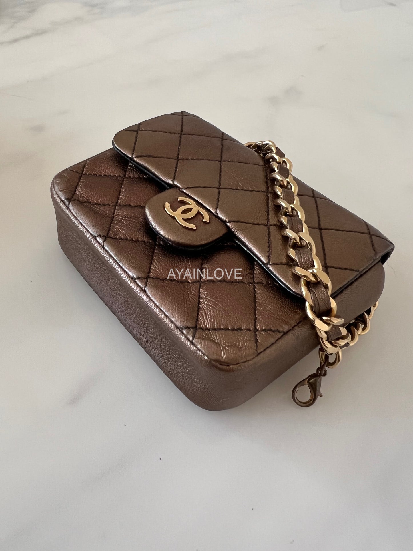 CHANEL Vintage 1997-1999 Mini Bronze Flap Pouch Bag Charm 24K Gold Plated Hardware