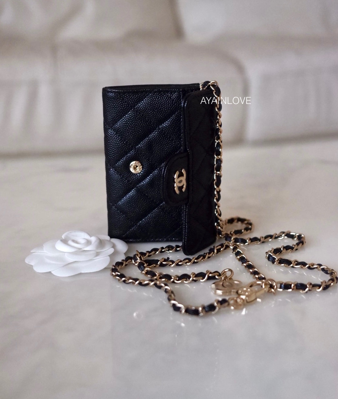 Chanel Phone Holder / Wallet with Chain in Black Caviar and LGHW