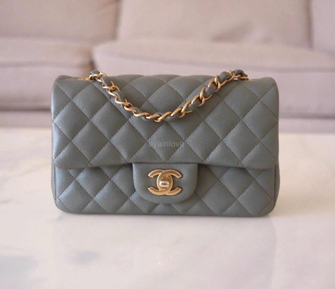 CHANEL 18C Iridescent Green Caviar Rectangular Mini Flap Bag Brushed Gold Hardware