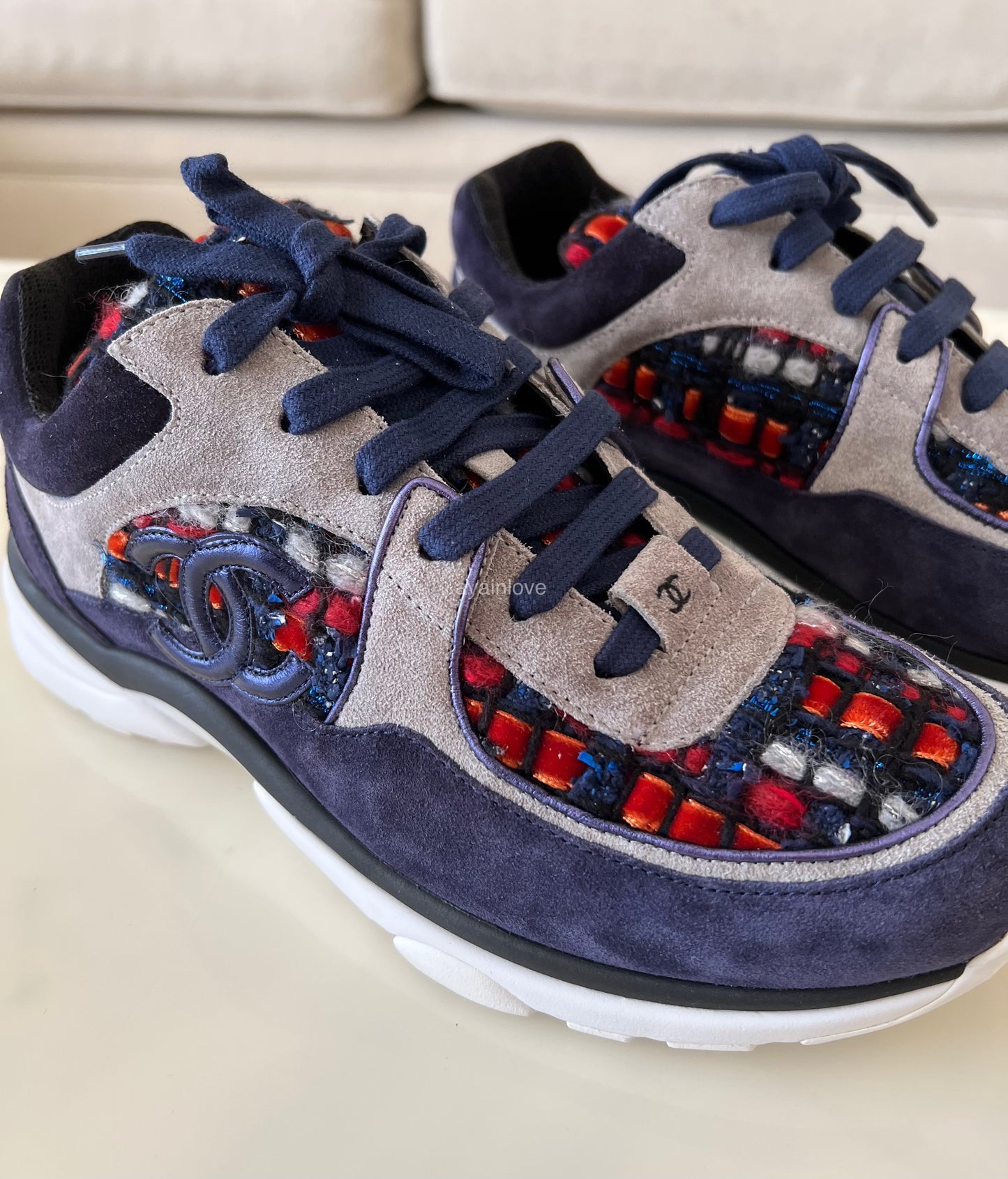 CHANEL 18A Multicolour Blue Red Tweed and Suede Calfskin Sneakers Trainers Shoes Size 38.5 EU