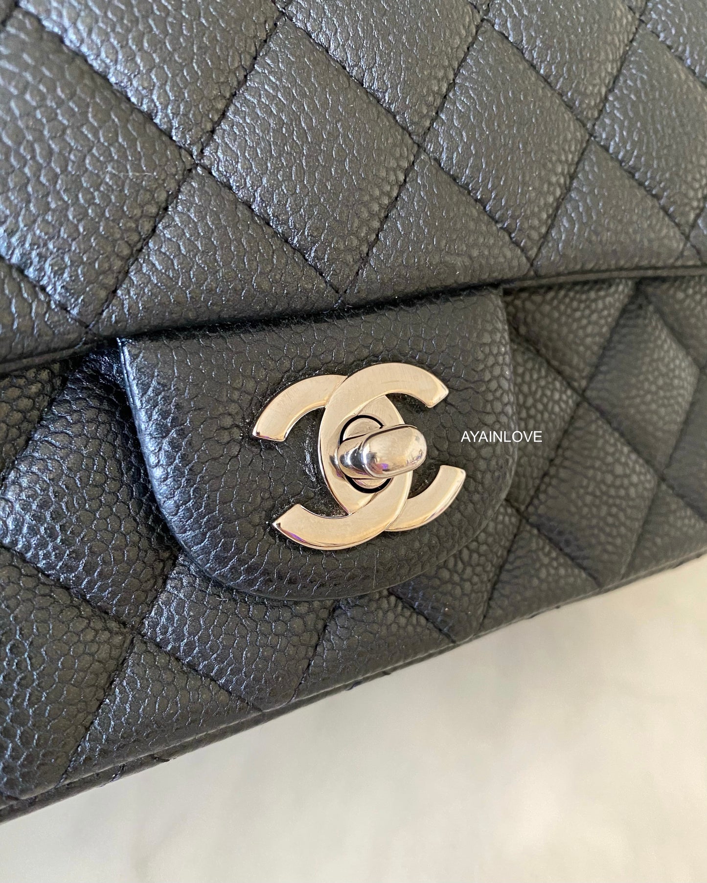 CHANEL 15C Pearly Black Charcoal Caviar Rectangular Mini Silver Hardware