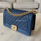 CHANEL Navy Blue Caviar Old Medium Boy Flap Bag Brushed Gold Hardware