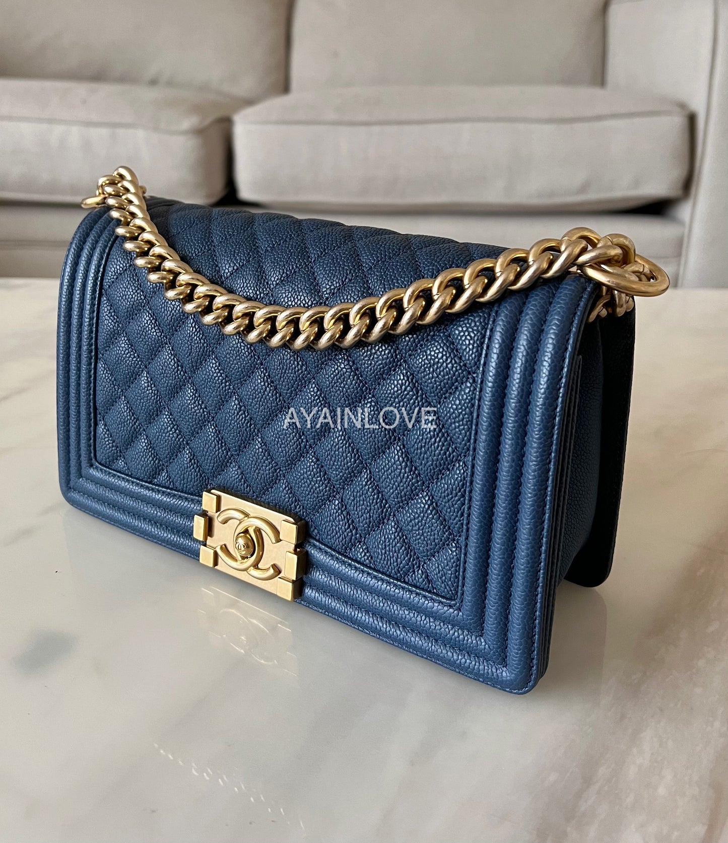 CHANEL Navy Blue Caviar Old Medium Boy Flap Bag Brushed Gold Hardware