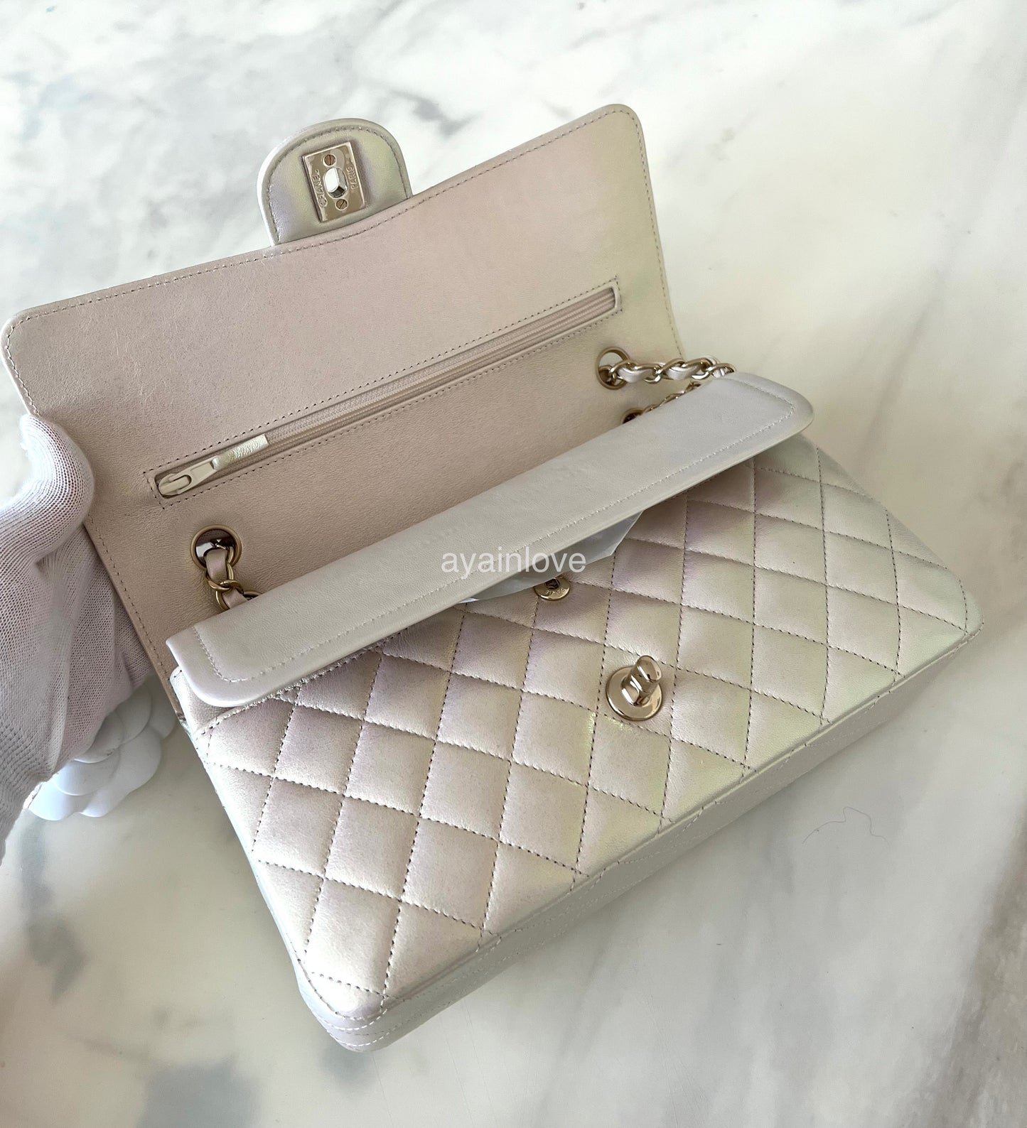 CHANEL 20B Iridescent Ivory Medium Classic Flap Light Gold Hardware