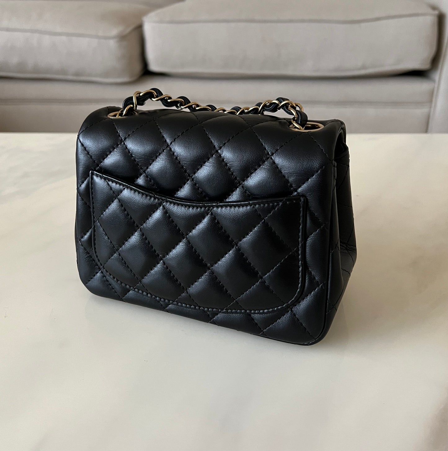 Chanel Classic Black Mini Lamb Skin Square Light Gold Hardware