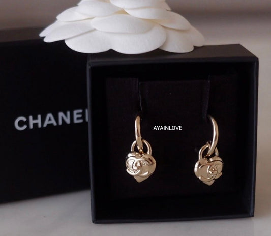 CHANEL 22B Heart Small Hoop Earrings Light Gold Hardware