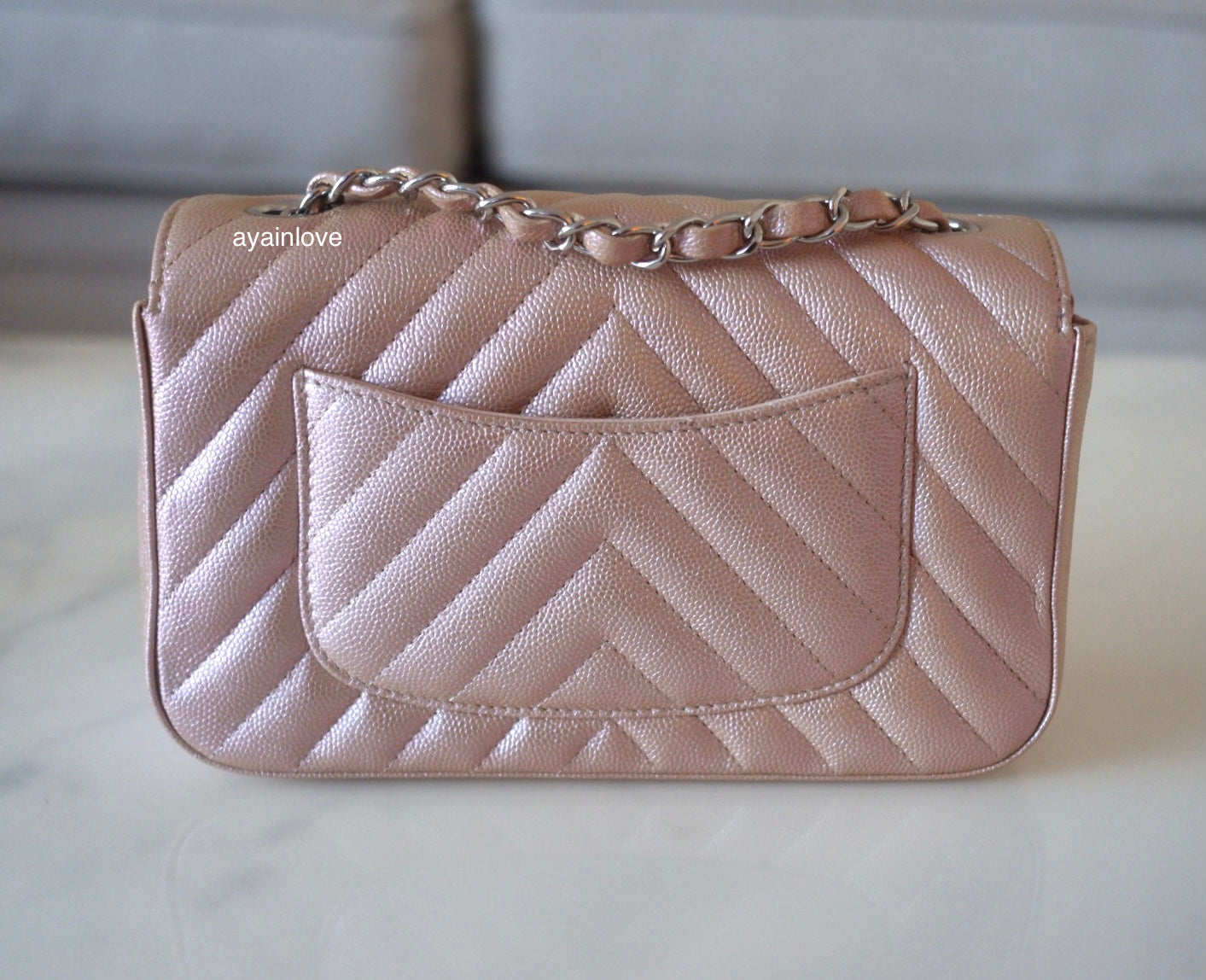 CHANEL 17B Rose Gold Caviar Chevron Rectangular Mini Silver Hardware