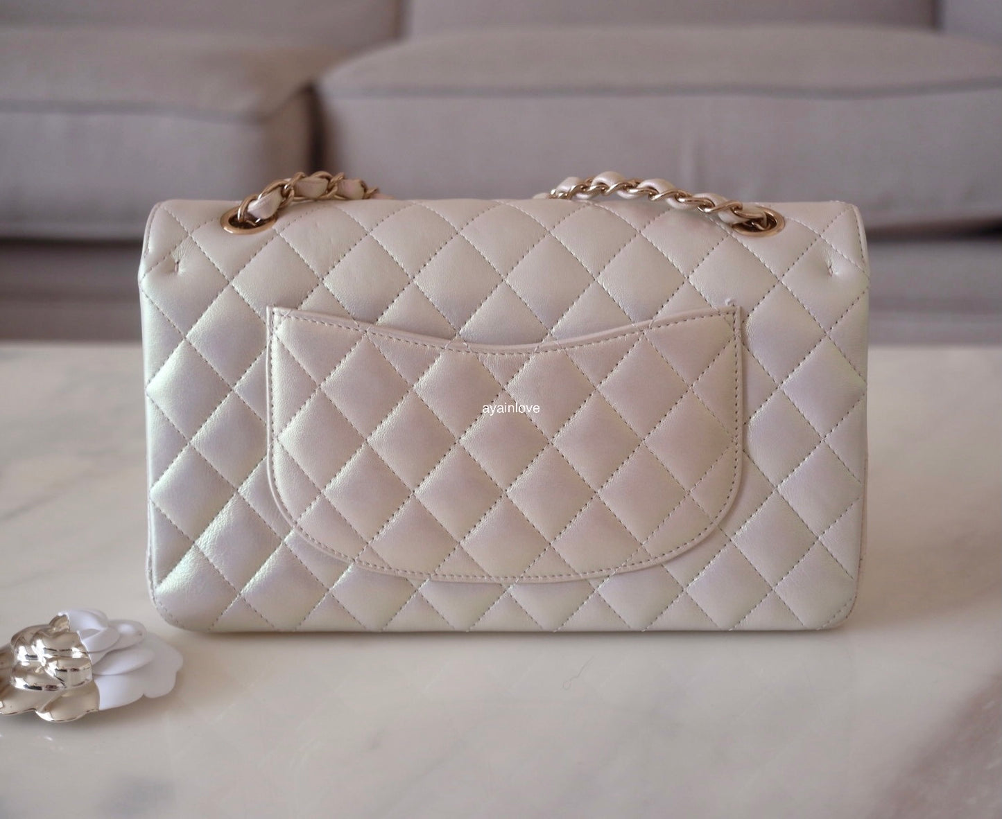 CHANEL 20B Iridescent Ivory Medium Classic Flap Light Gold Hardware