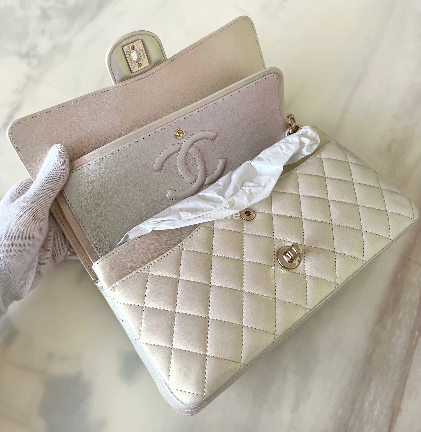 CHANEL 20B Iridescent Ivory Medium Classic Flap Light Gold Hardware