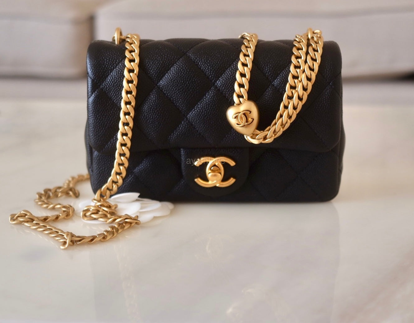 CHANEL 23P Sweetheart Black Caviar Mini Rectangular 19cm Adjustable Chain Brushed Gold Hardware