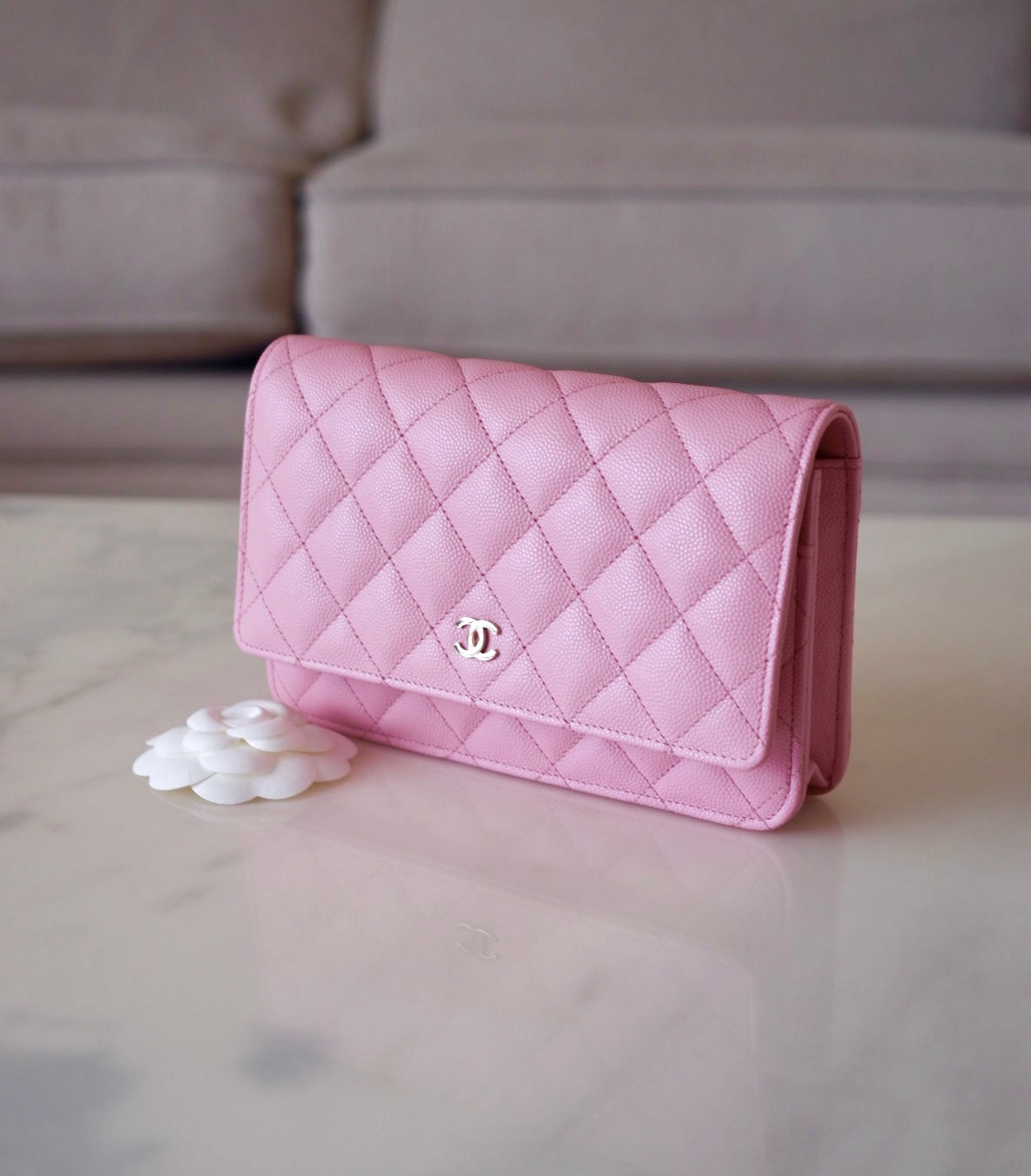 Chanel 22C Quilted Zip Wallet Card Holder Pink Caviar