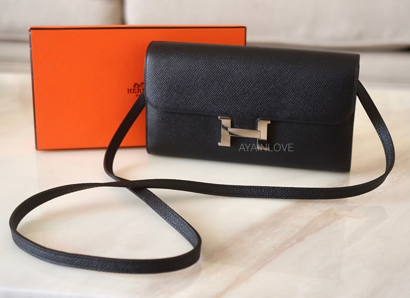 HERMES Constance Noir Black Long Flap Wallet Palladium Hardware