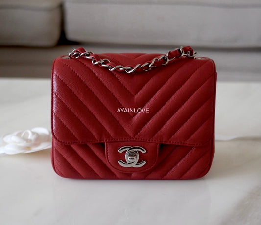 CHANEL 16S Dark Red Caviar Chevron Classic Square Mini Flap Bag Silver Hardware