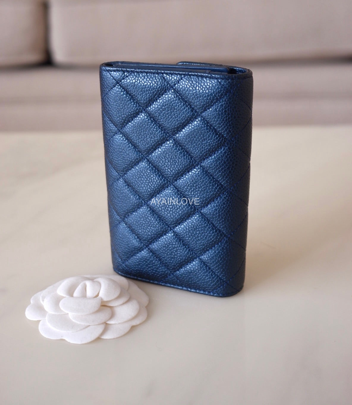 CHANEL 18S Pearly Blue Caviar Medium Trifold Wallet Light Gold Hardware