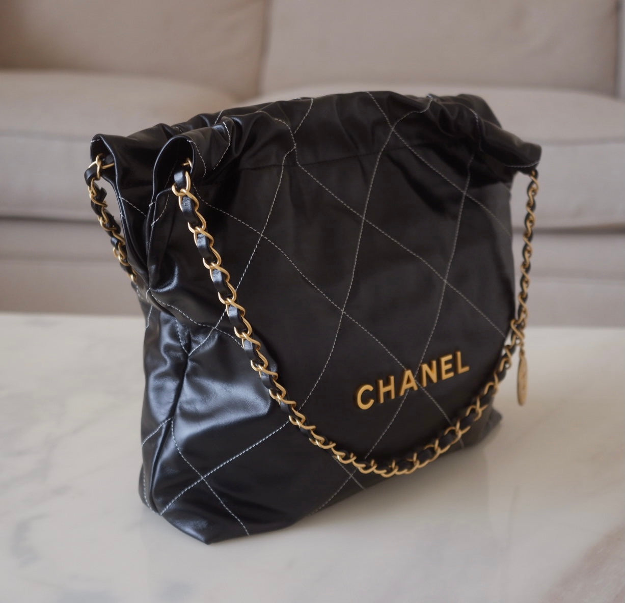 CHANEL Limited Black White Contrast Stitch Calf Skin Small 22 Bag Brushed Gold Hardware