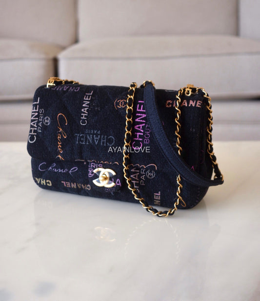 22P DENIM MULTICOLOUR BLACK FLAP BAG GOLD HARDWARE *NEW*