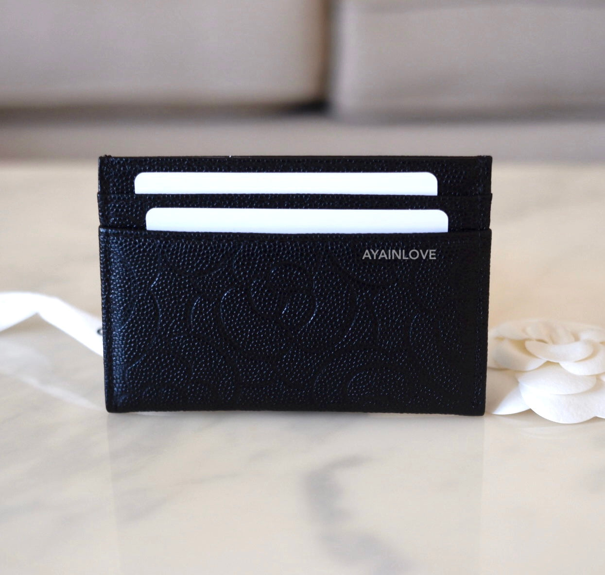 CHANEL 22P Black Caviar Camellia Flat Card Holder Light Gold Hardware