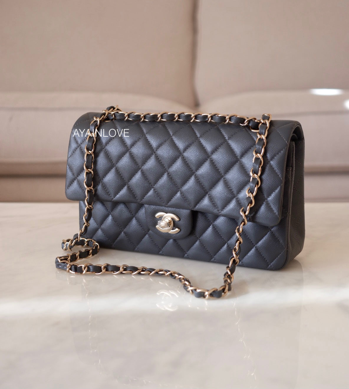 Chanel Classic Small Double Flap 21A GrayGrey Quilted Caviar with light  gold hardware