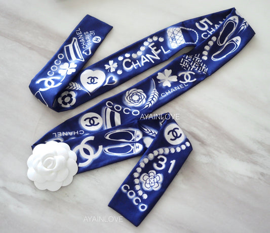 CLASSIC NAVY BLUE ICON PATTERNS SILK TWILLY SCARF BANDEAU *NEW*