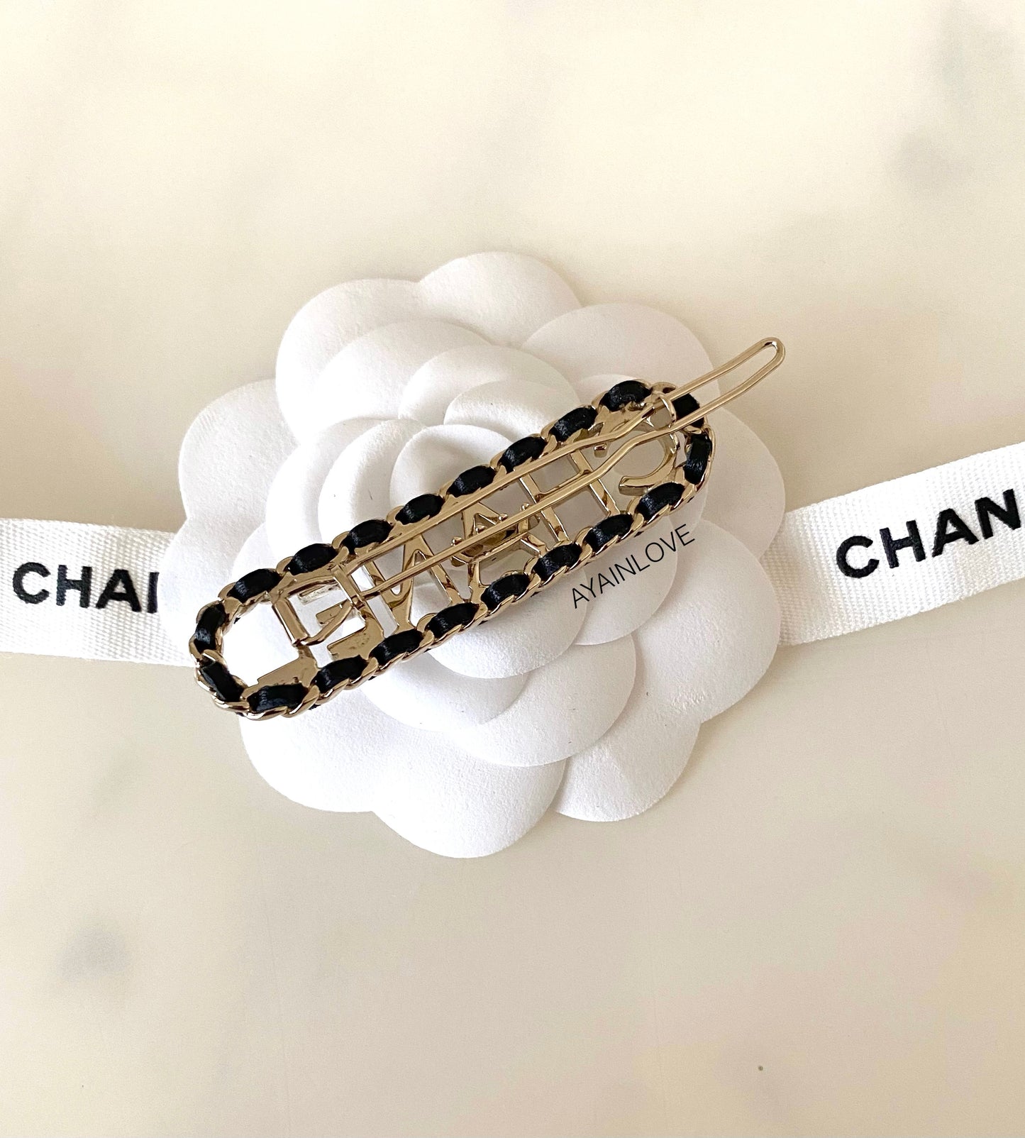 Script Hair Barrette Clip In Black Interwoven Chain Leather Light Gold Hardware